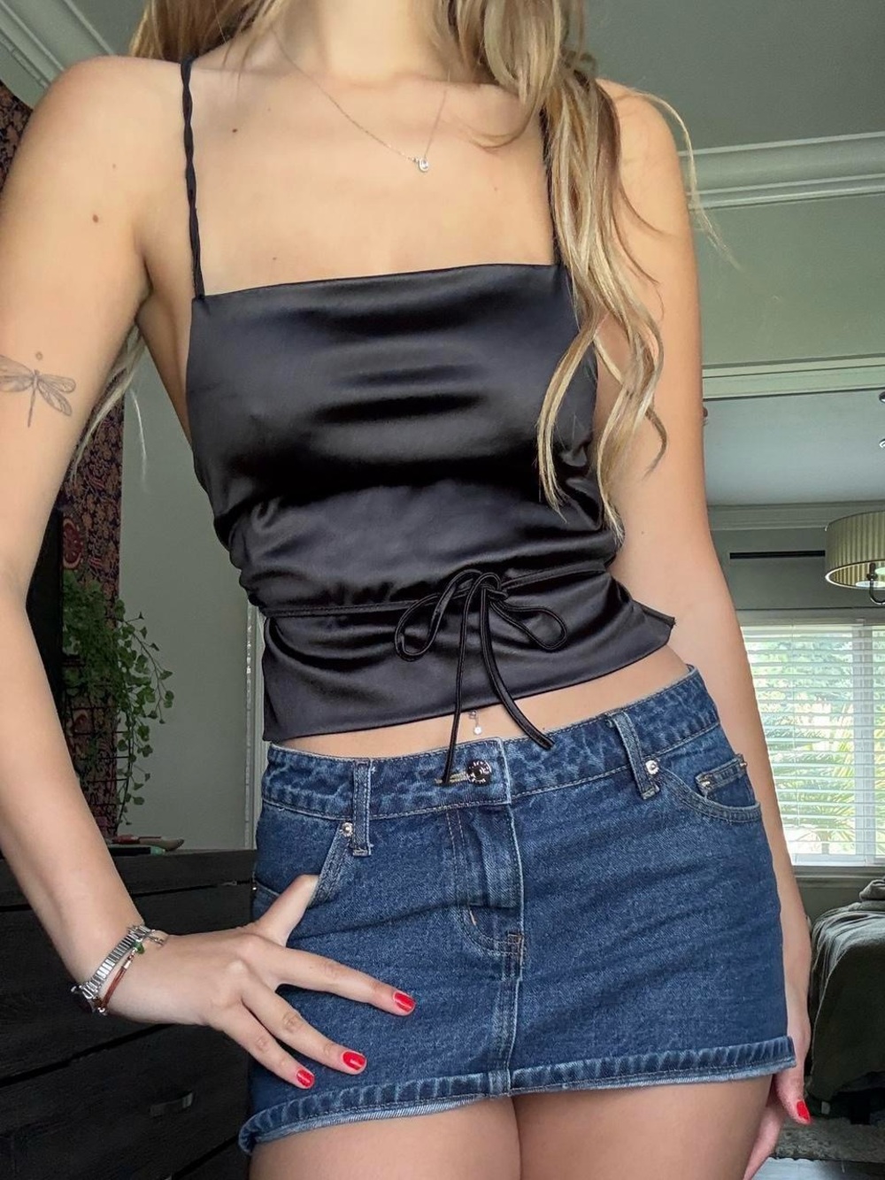Urban Outfitters Black Satin Square-Neck Tie-Waist Camisole